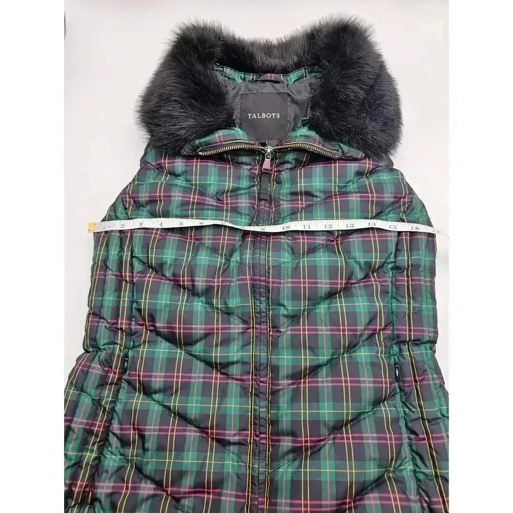 Talbots Women's Size S Tartan Plaid Puffer Vest w/Detachable Fur Collar - Picture 5 of 8